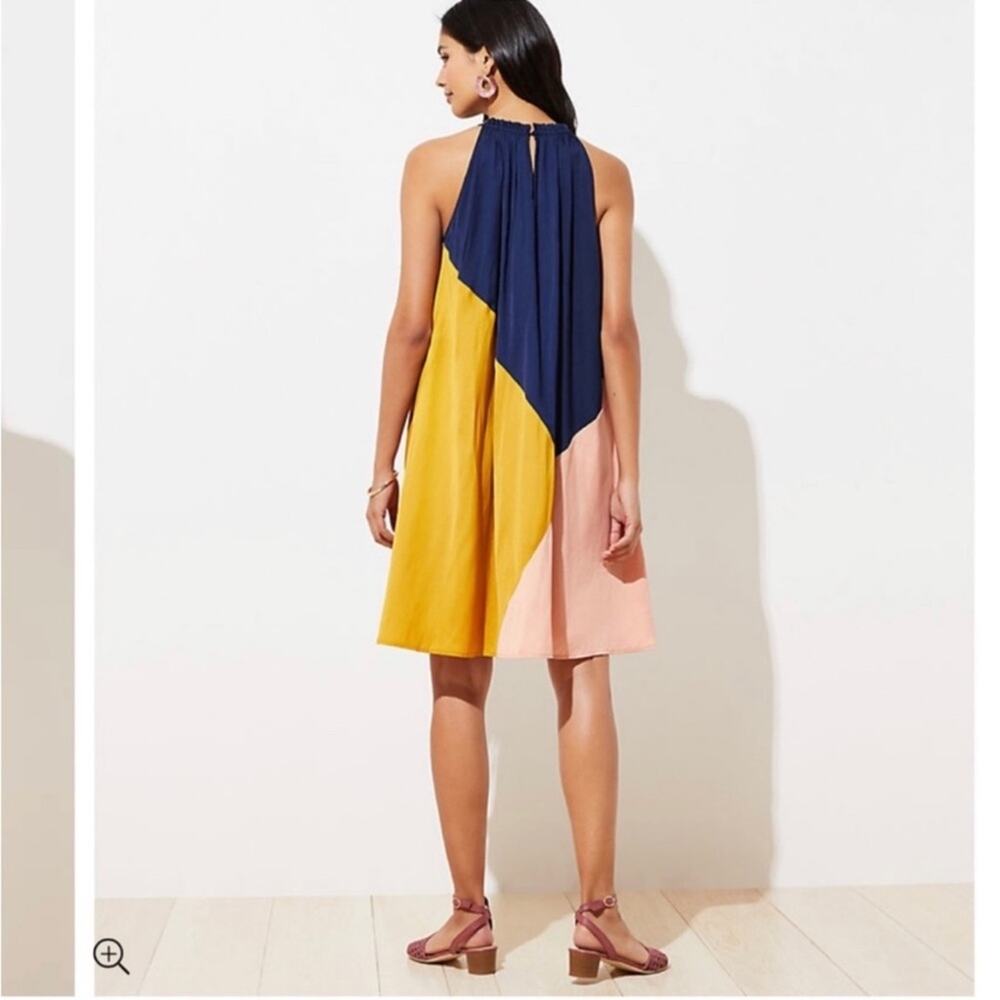 LOFT Colorblock Halter Swing Dress SP gold and navy NEW - Picture 2 of 10